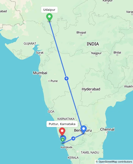 Route map showing distance and travel time from Udaipur, India to Puttur, Karnataka, India