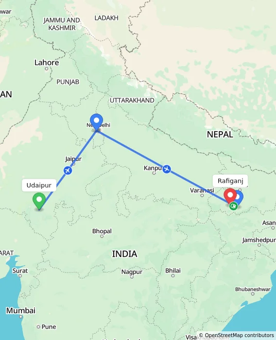 Route map showing distance and travel time from Udaipur, India to Rafiganj, India
