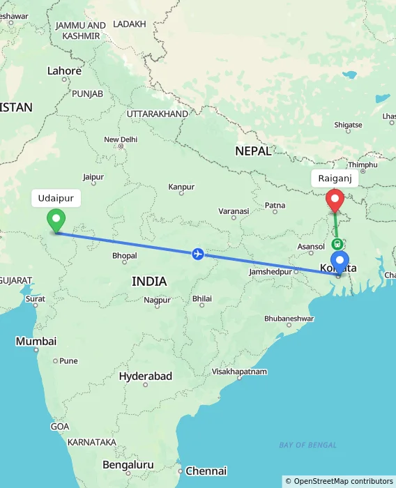 Route map showing distance and travel time from Udaipur, India to Raiganj, India
