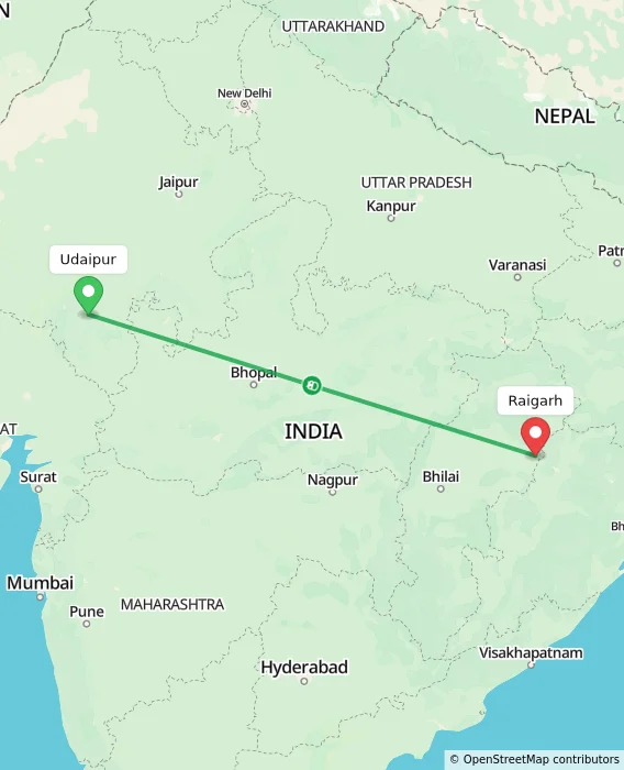 Route map showing distance and travel time from Udaipur, India to Raigarh, India