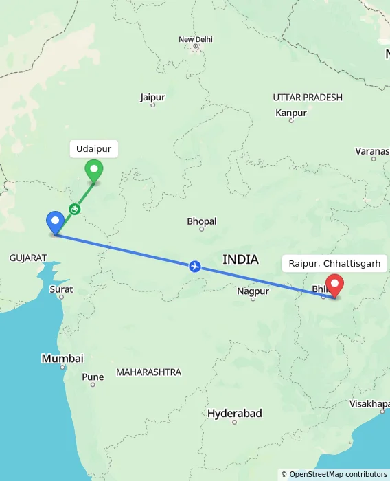 Route map showing distance and travel time from Udaipur, India to Raipur, Chhattisgarh, India
