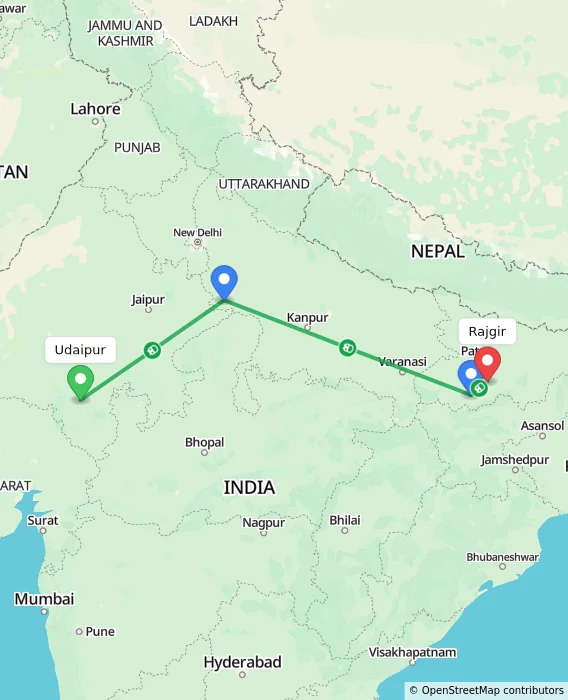 Route map showing distance and travel time from Udaipur, India to Rajgir, India
