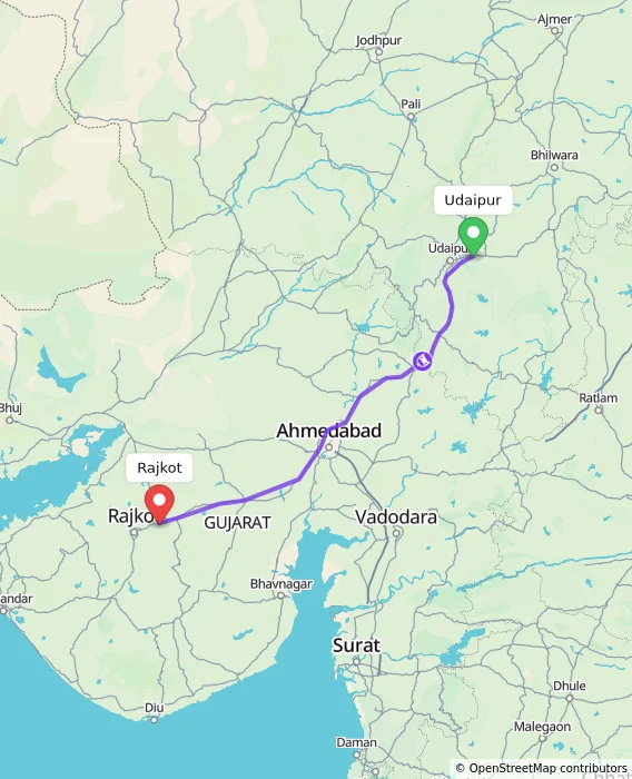 Route map showing distance and travel time from Udaipur, India to Rajkot, India