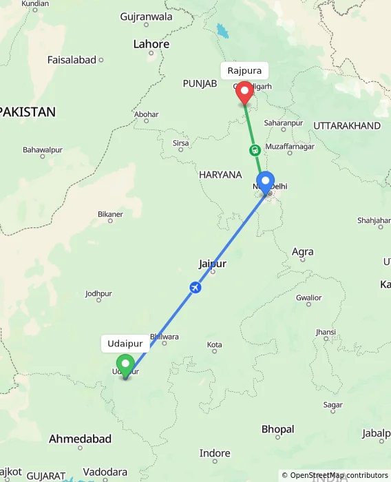 Route map showing distance and travel time from Udaipur, India to Rajpura, India