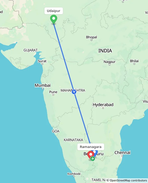 Route map showing distance and travel time from Udaipur, India to Ramanagara, India