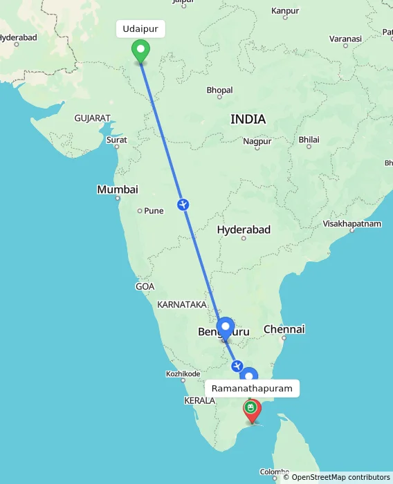 Route map showing distance and travel time from Udaipur, India to Ramanathapuram, India
