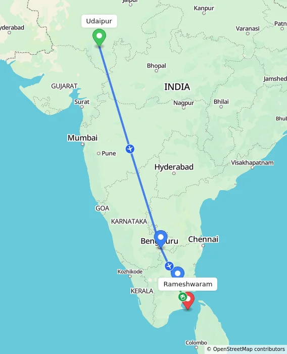 Route map showing distance and travel time from Udaipur, India to Rameshwaram, India