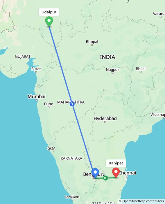 Route map showing distance and travel time from Udaipur, India to Ranipet, India