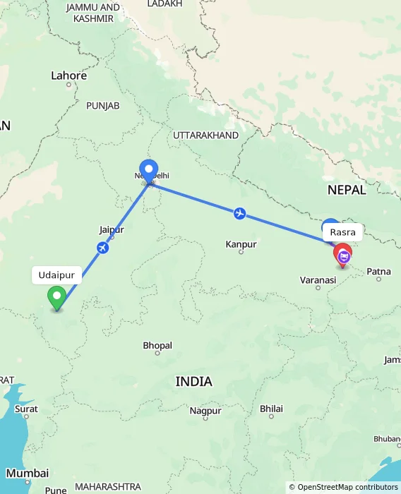 Route map showing distance and travel time from Udaipur, India to Rasra, India