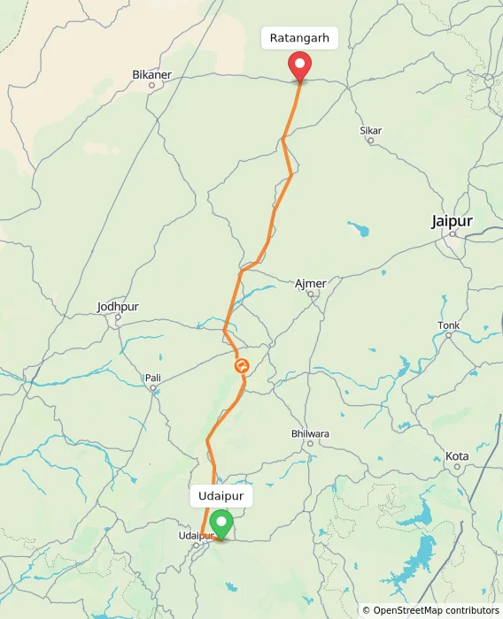 Route map showing distance and travel time from Udaipur, India to Ratangarh, India