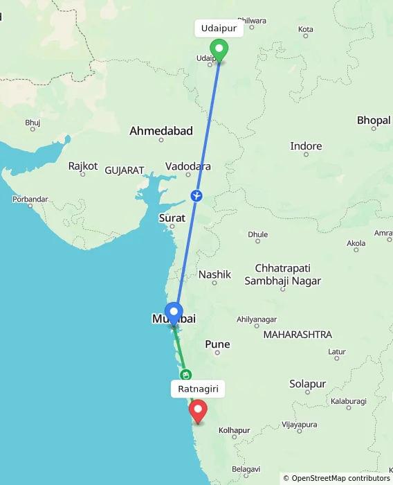Route map showing distance and travel time from Udaipur, India to Ratnagiri, India