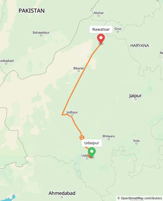 Route map showing distance and travel time from Udaipur, India to Rawatsar, India