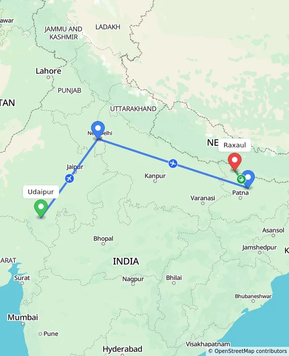 Route map showing distance and travel time from Udaipur, India to Raxaul, India