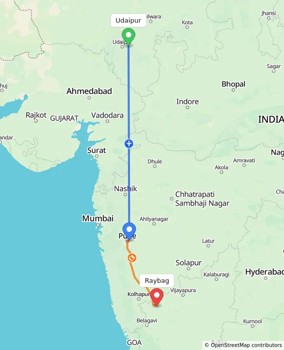 Route map showing distance and travel time from Udaipur, India to Raybag, India