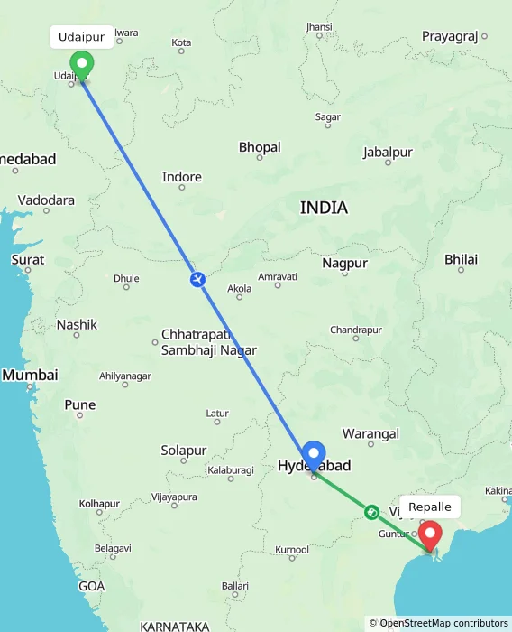 Route map showing distance and travel time from Udaipur, India to Repalle, India