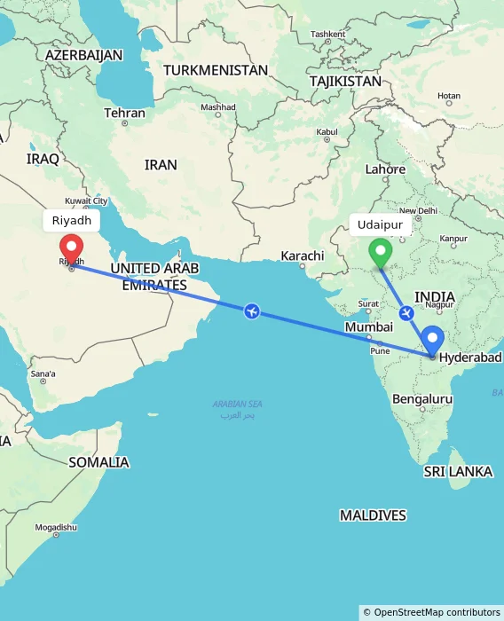 Route map showing distance and travel time from Udaipur, India to Riyadh, Saudi Arabia