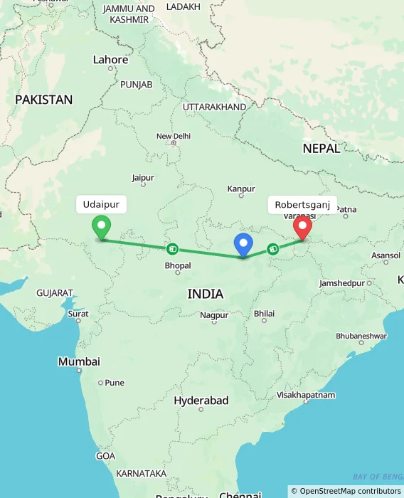 Route map showing distance and travel time from Udaipur, India to Robertsganj, India