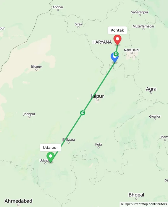 Route map showing distance and travel time from Udaipur, India to Rohtak, India