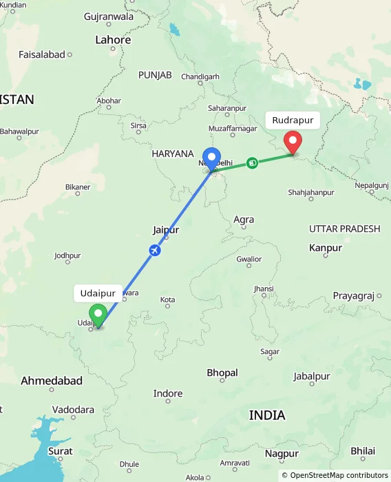 Route map showing distance and travel time from Udaipur, India to Rudrapur, India
