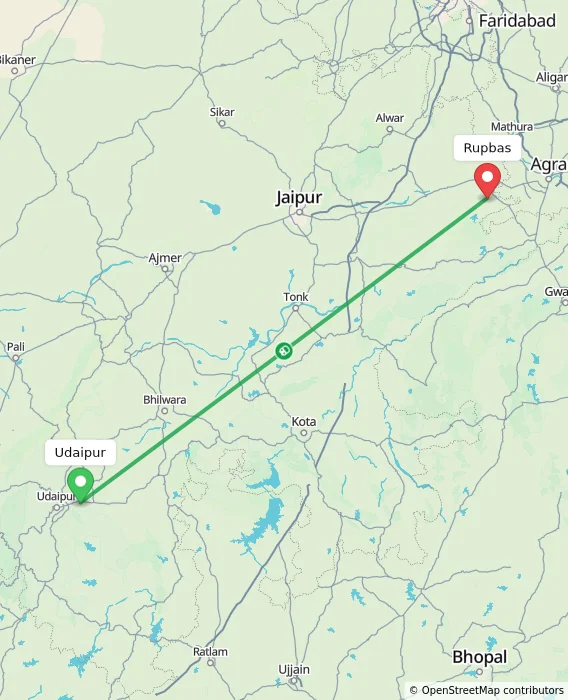 Route map showing distance and travel time from Udaipur, India to Rupbas, India