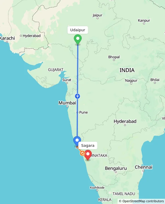 Route map showing distance and travel time from Udaipur, India to Sagara, India