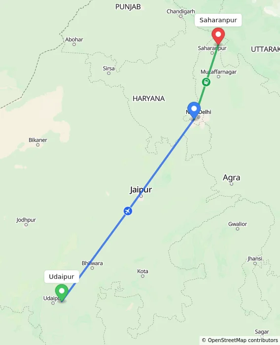 Route map showing distance and travel time from Udaipur, India to Saharanpur, India