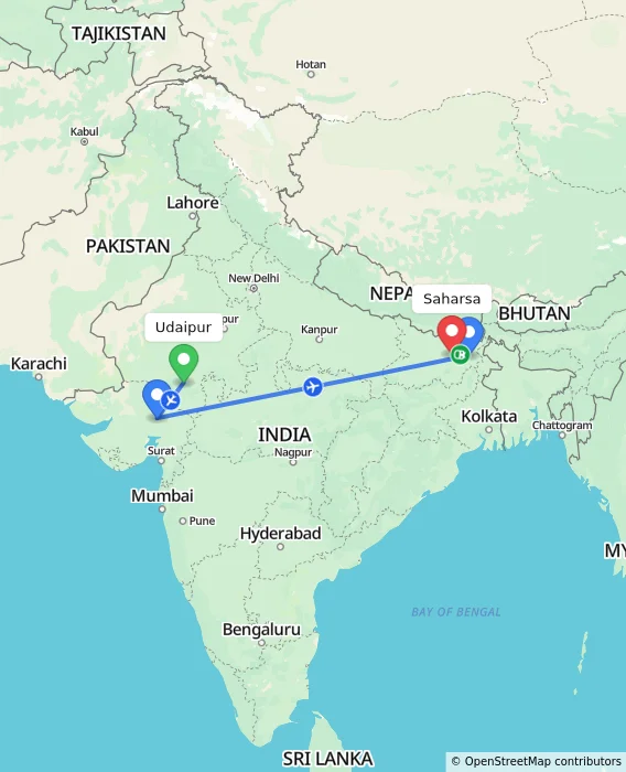 Route map showing distance and travel time from Udaipur, India to Saharsa, India