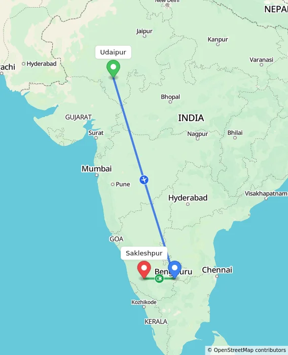 Route map showing distance and travel time from Udaipur, India to Sakleshpur, India