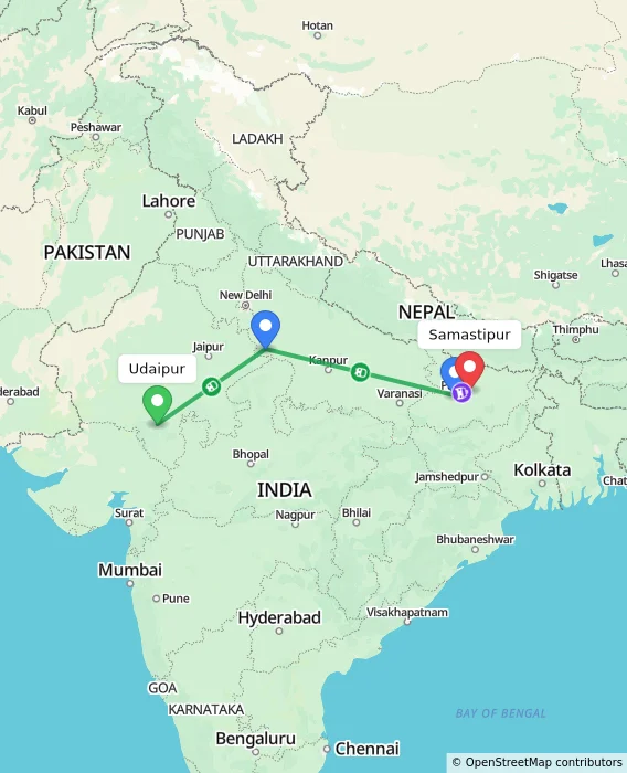 Route map showing distance and travel time from Udaipur, India to Samastipur, India
