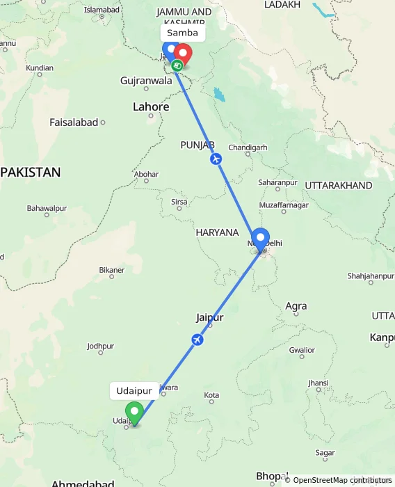 Route map showing distance and travel time from Udaipur, India to Samba, India