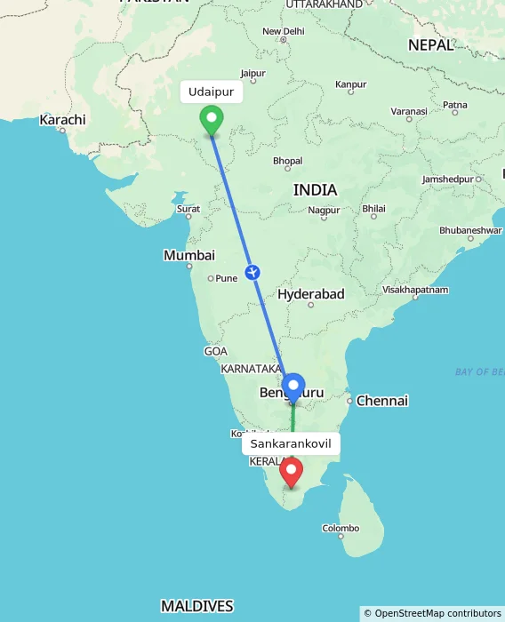 Route map showing distance and travel time from Udaipur, India to Sankarankovil, India