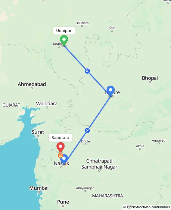 Route map showing distance and travel time from Udaipur, India to Saputara, India