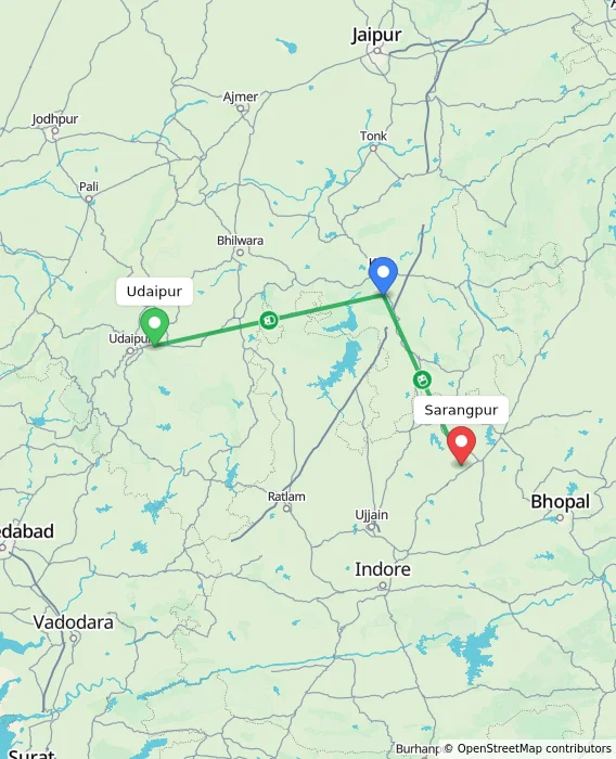 Route map showing distance and travel time from Udaipur, India to Sarangpur, India