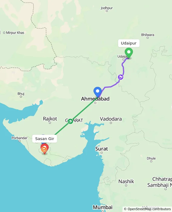 Route map showing distance and travel time from Udaipur, India to Sasan Gir, India