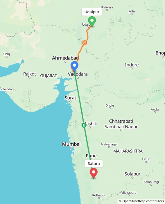 Route map showing distance and travel time from Udaipur, India to Satara, India