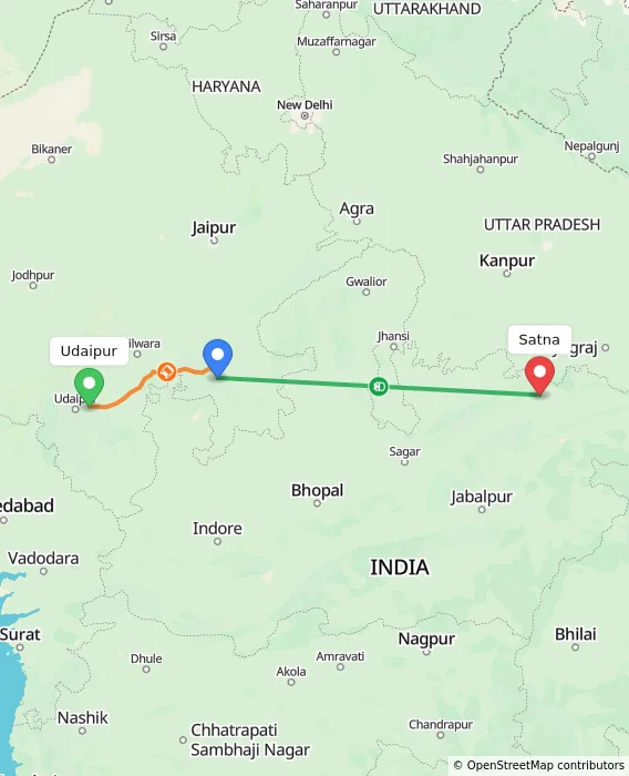 Route map showing distance and travel time from Udaipur, India to Satna, India