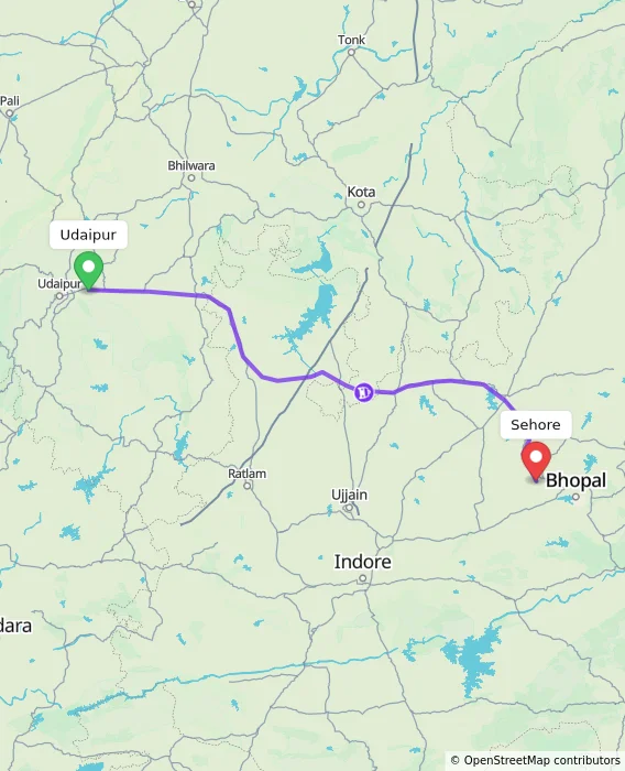 Route map showing distance and travel time from Udaipur, India to Sehore, India