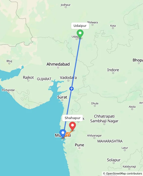 Route map showing distance and travel time from Udaipur, India to Shahapur, India