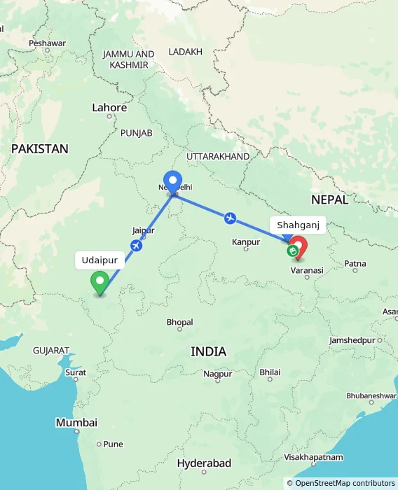 Route map showing distance and travel time from Udaipur, India to Shahganj, India