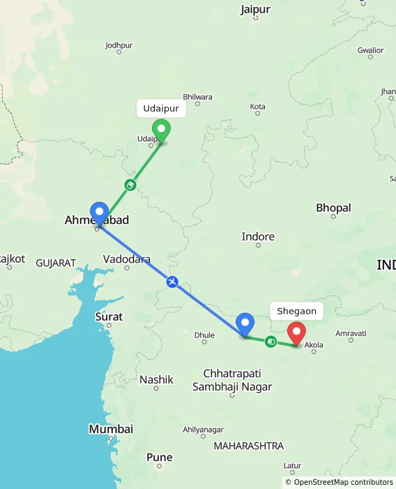 Route map showing distance and travel time from Udaipur, India to Shegaon, India