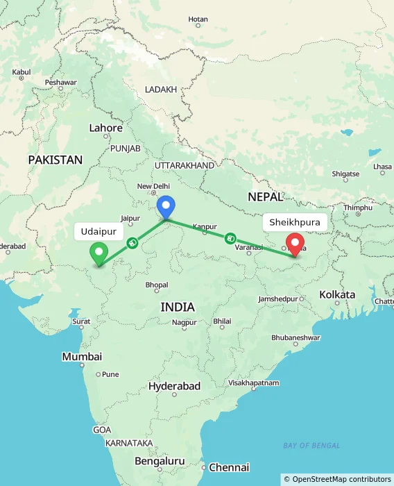 Route map showing distance and travel time from Udaipur, India to Sheikhpura, India