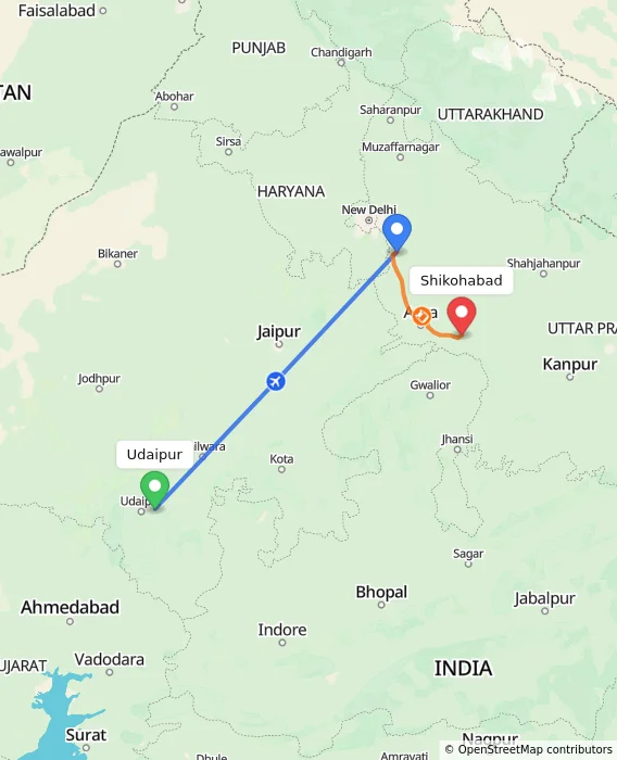 Route map showing distance and travel time from Udaipur, India to Shikohabad, India