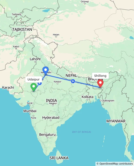 Route map showing distance and travel time from Udaipur, India to Shillong, India