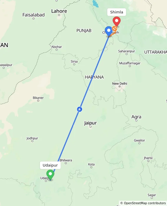 Route map showing distance and travel time from Udaipur, India to Shimla, India