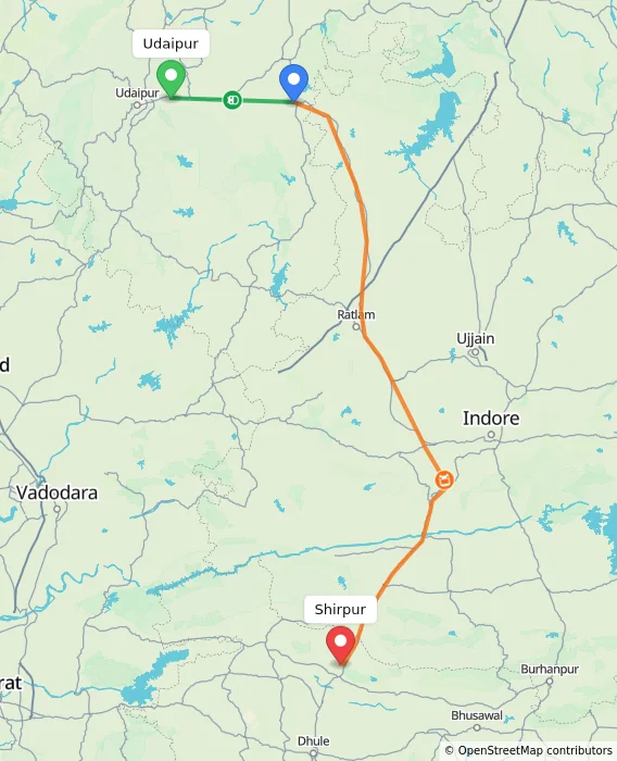 Route map showing distance and travel time from Udaipur, India to Shirpur, India