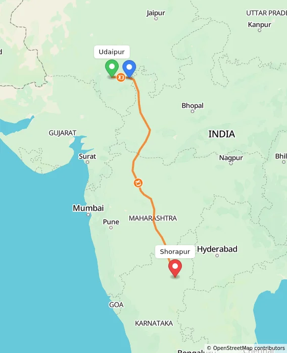 Route map showing distance and travel time from Udaipur, India to Shorapur, India