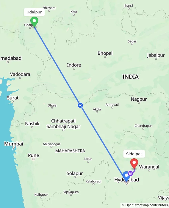 Route map showing distance and travel time from Udaipur, India to Siddipet, India