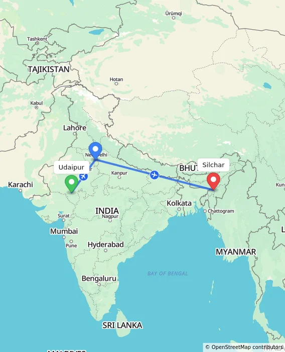 Route map showing distance and travel time from Udaipur, India to Silchar, India
