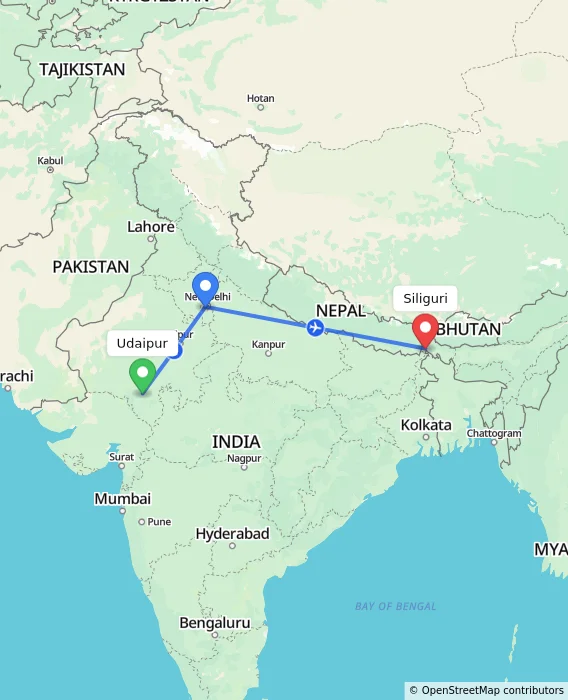 Route map showing distance and travel time from Udaipur, India to Siliguri, India