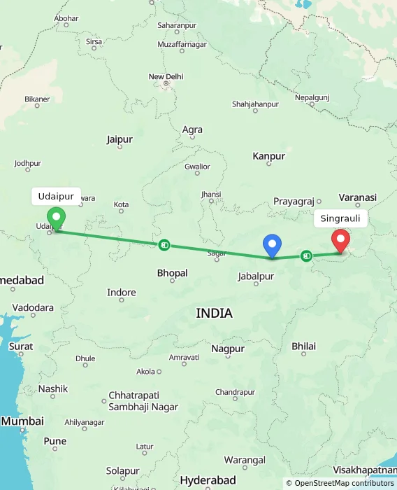 Route map showing distance and travel time from Udaipur, India to Singrauli, India